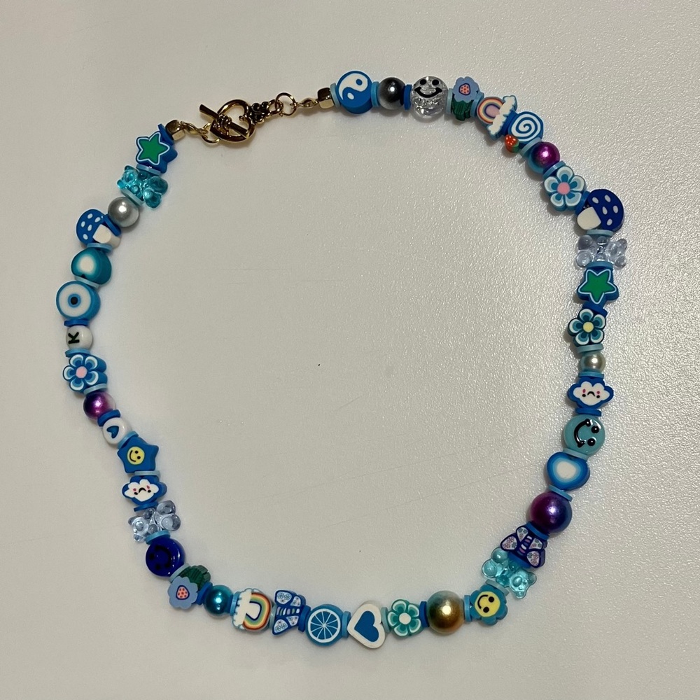 Handmade personalized blue bright happy beaded necklace